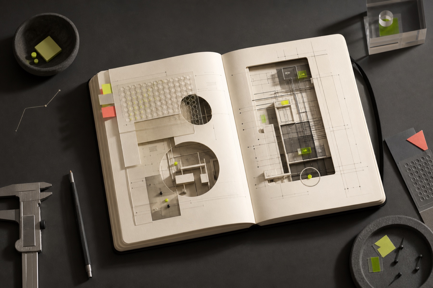 Cuaderno técnico abierto con una arquitectura modular en construcción